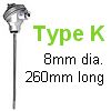 Industrial Thermocouple, Type K, 8mm dia., 260mm long